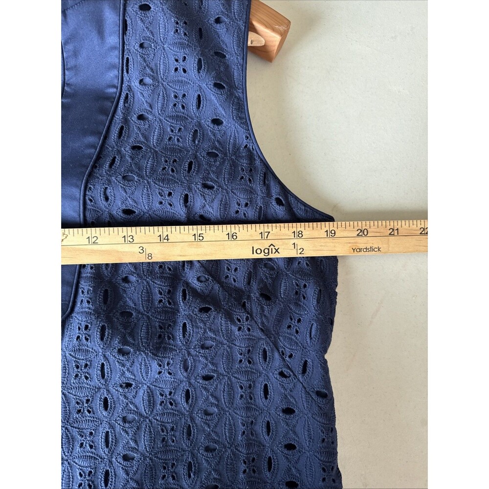 Eliza J Size 12 Navy Blue Eyelet Tassel Shift Split Mandarin Collar Sleeveless - Picture 9 of 14